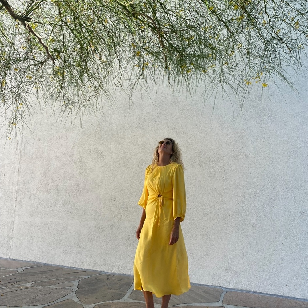 FARM Rio Yellow Mock Neck Bishop Sleeve Dress